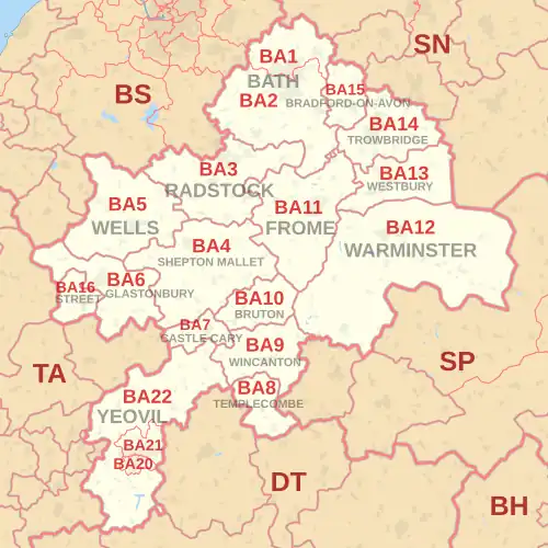 BA postcode area map, showing postcode districts, post towns and neighbouring postcode areas.