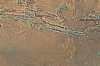 Map of Coprates quadrangle showing details of Valles Marineris, the largest canyon system in the solar system. Some of the canyons may have once been filled with water. The map shows the locations of a number of major Chasma.