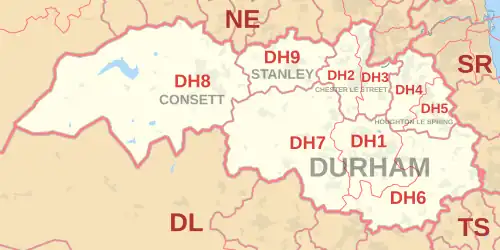 DH postcode area map, showing postcode districts, post towns and neighbouring postcode areas.