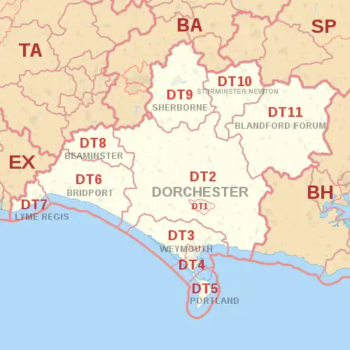 DT postcode area map, showing postcode districts, post towns and neighbouring postcode areas.