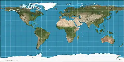 Image 13 Equirectangular projection Map: Strebe, using Geocart The equirectangular projection is a simple map projection attributed to Marinus of Tyre, who Ptolemy claims invented the projection about AD 100. The projection maps meridians to vertical straight lines of constant spacing, and circles of latitude to horizontal straight lines of constant spacing. The projection is neither equal area nor conformal. Because of the distortions introduced by this projection, it has few applications beyond base imagery to be reprojected to some more useful projection. More selected pictures