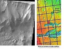 Cliff in northern wall of Ganges Chasma, as seen by THEMIS. Click on image to see relationship with other features in the Coprates quadrangle.