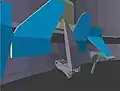 The internally located capture components are shown here at an intermediate capture position. The Ready-to-Latch indicator has already been plunged, but has not yet been rotated under the PCBM Alignment Guide. This frame was taken from a real-time contact dynamics simulation created at JSC.[6][117]