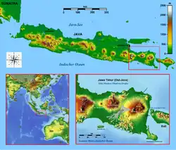 The eastern salient of Java (bottom-right) shown in the context of the island of Java (top).