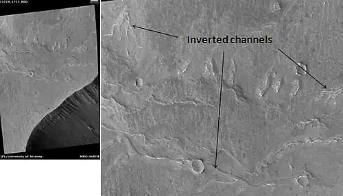 Inverted Channels near Juventae Chasma, as seen by HiRISE. Channels were once regular stream channels. Scale bar is 500 meters long.