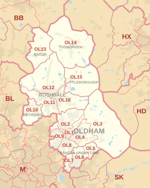 OL postcode area map, showing postcode districts, post towns and neighbouring postcode areas.