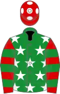 Green, white stars, red and green hooped sleeves, red cap, white spots