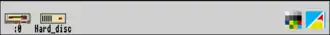 Screenshot of the icon bar under RISC OS 2 showing the following: Left portion, from left&nbsp;– Discs (in this case a floppy disc and hard disc), Right portion, from right&nbsp;– Task Manager, Display Manager