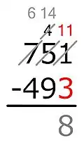Working from right to left: 11 − 3 = 8